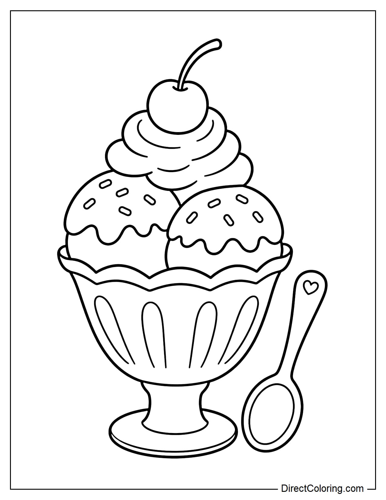 A simple sundae cup with two scoops of ice cream, whipped cream, a large cherry, and a small spoon on the side.