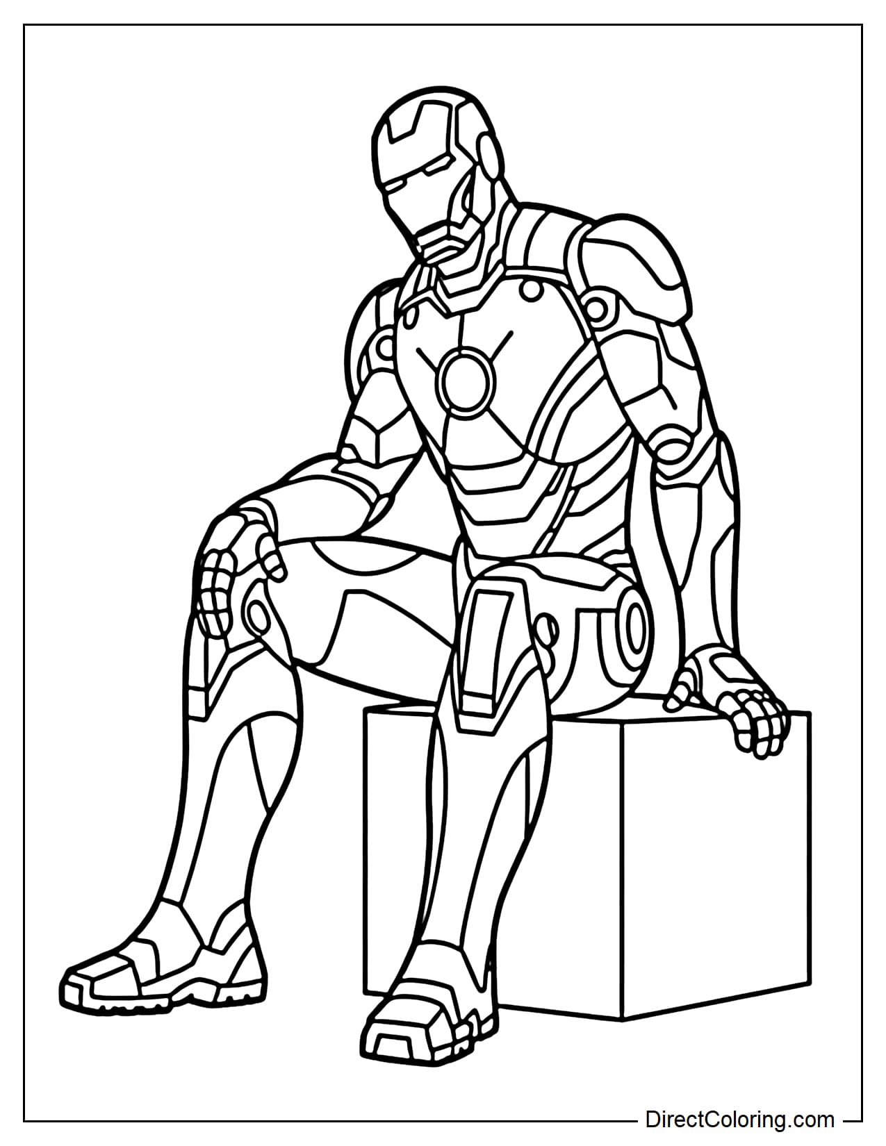 Iron Man sitting simply on a small block, hands resting lightly on his knees.