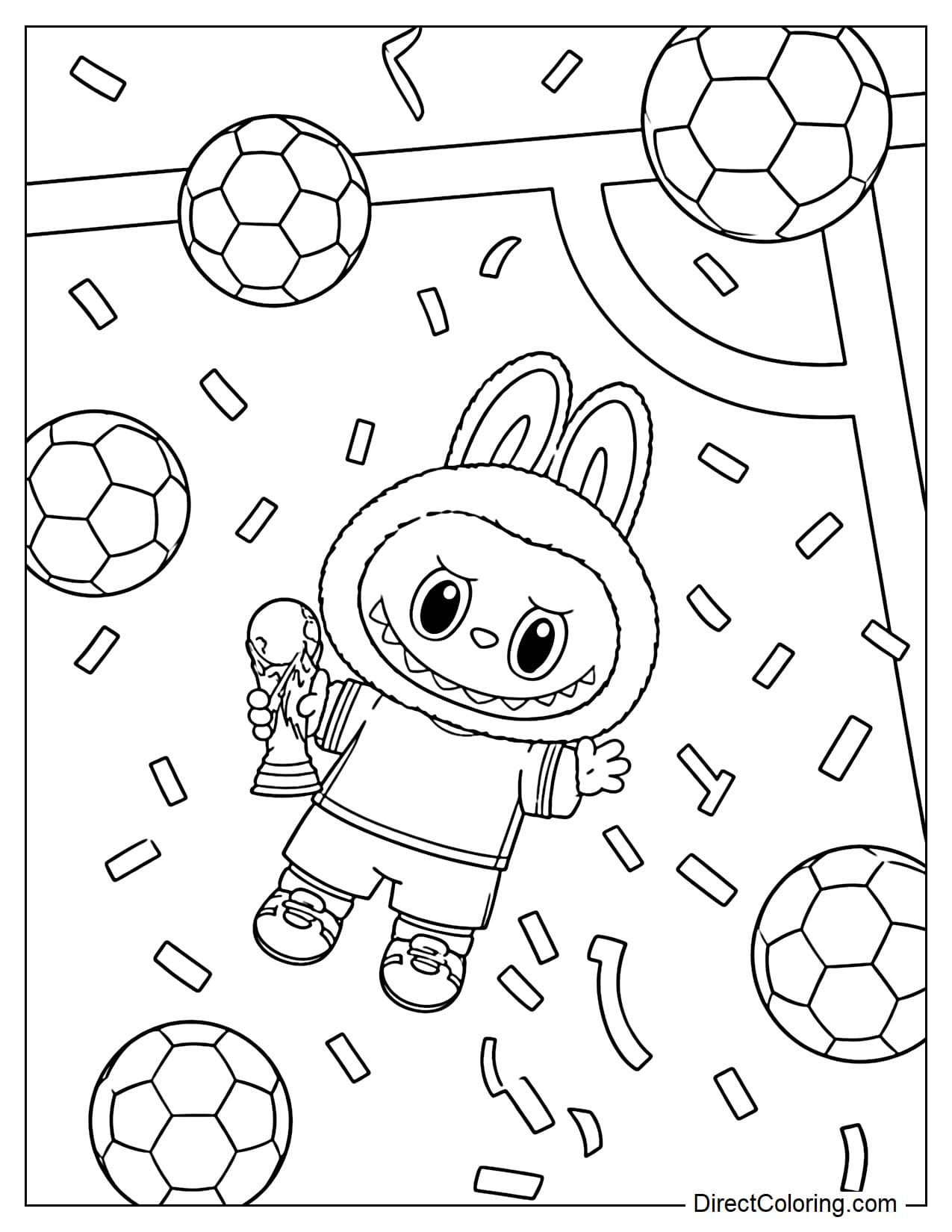 Labubu is wearing a soccer jersey, holding up the FIFA World Cup trophy, lying in the middle of the field surrounded by soccer balls and confetti.