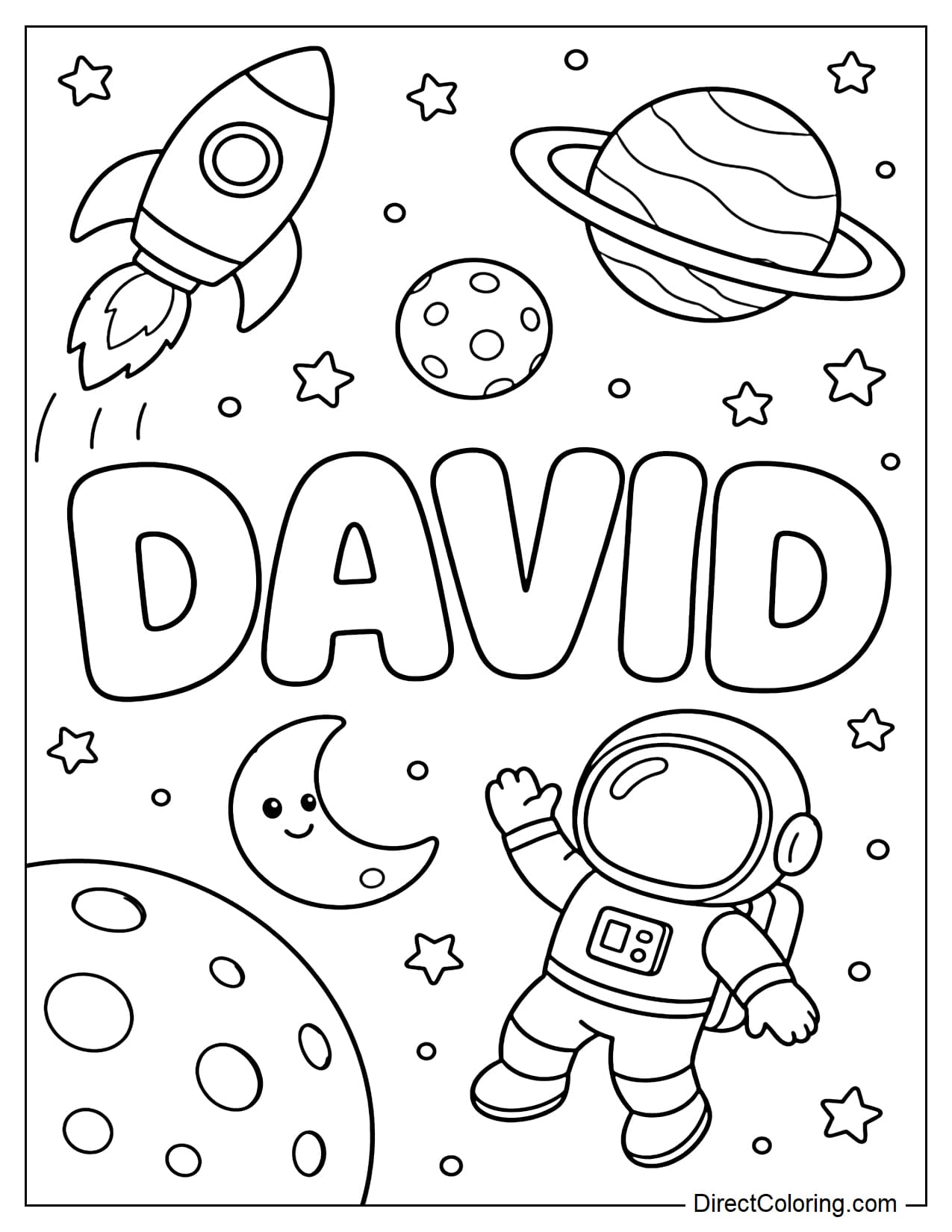 The name David is written in large, prominent letters, surrounded by rockets, planets, stars, the moon, and adorable astronauts.