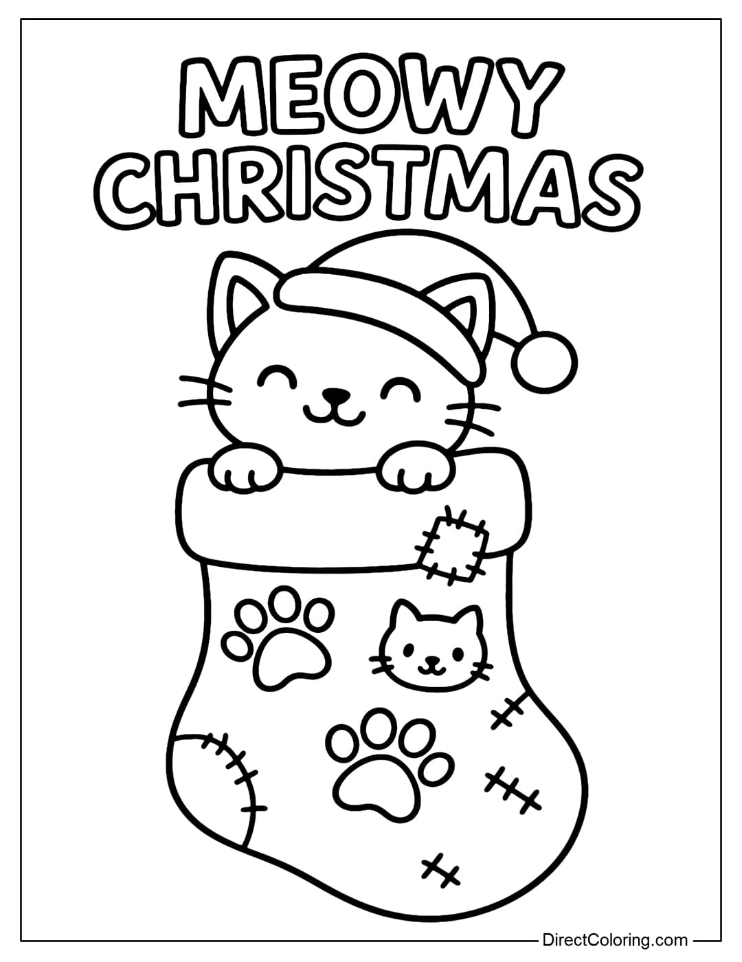 A stocking coloring page decorated with cat paws and a small cat head, with a kitten wearing a Santa hat peeking out from the stocking's mouth. It says Meowy Christmas.
