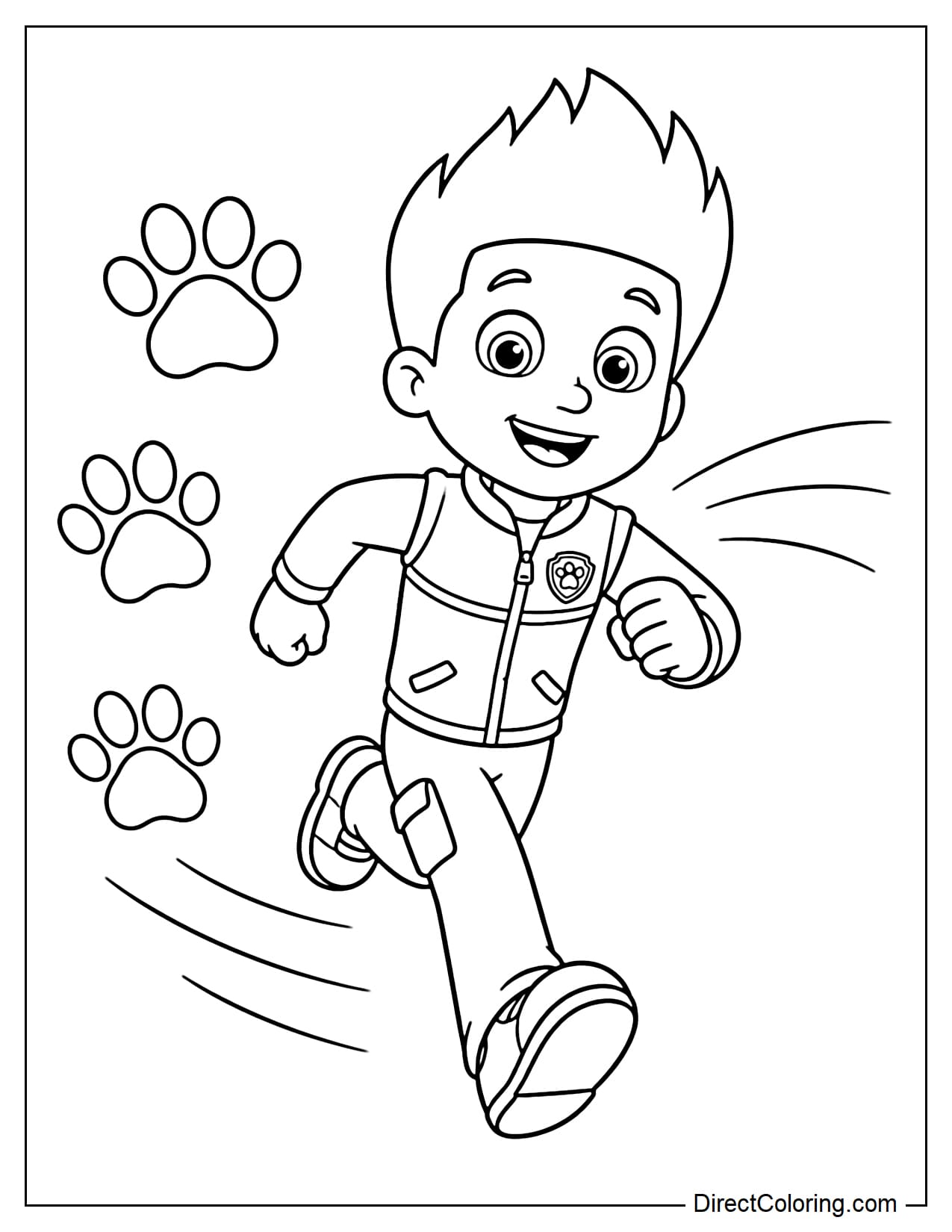 Ryder runs happily forward with large paw prints behind him.