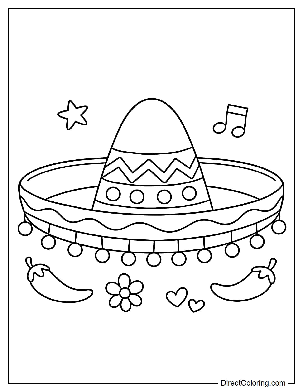 This cute sombrero hat has tassels, and is adorned with two spicy chili peppers, flowers, hearts, stars, and musical notes.