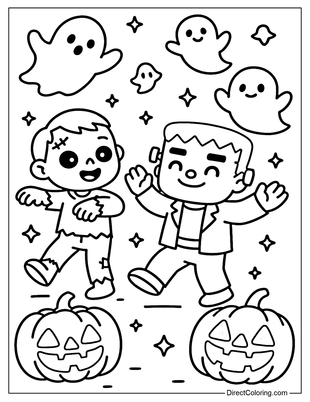 Coloring page of a zombie and Frankenstein dancing in a Halloween party, surrounded by cute ghosts floating around and glowing pumpkin lanterns.