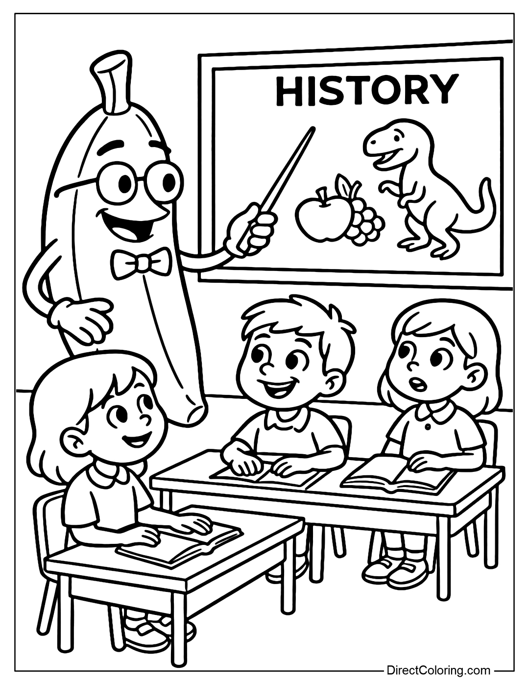 A coloring page of a history classroom where the teacher is an old banana telling about the time when dinosaurs loved to eat fruit.