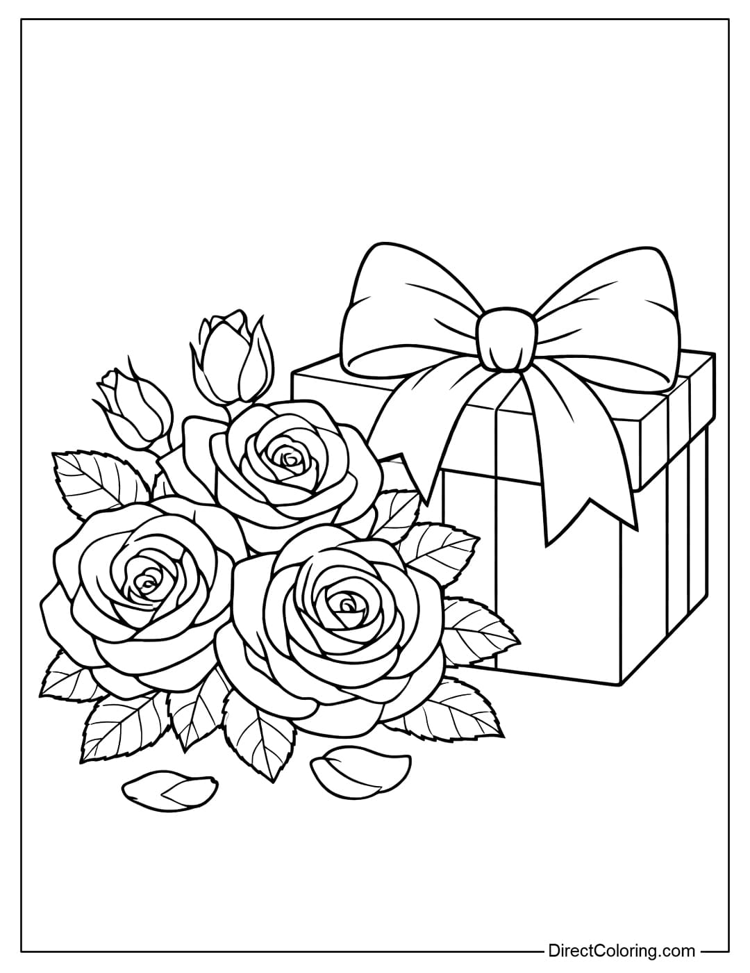 A coloring page of a rose placed next to a gift box with a large bow.