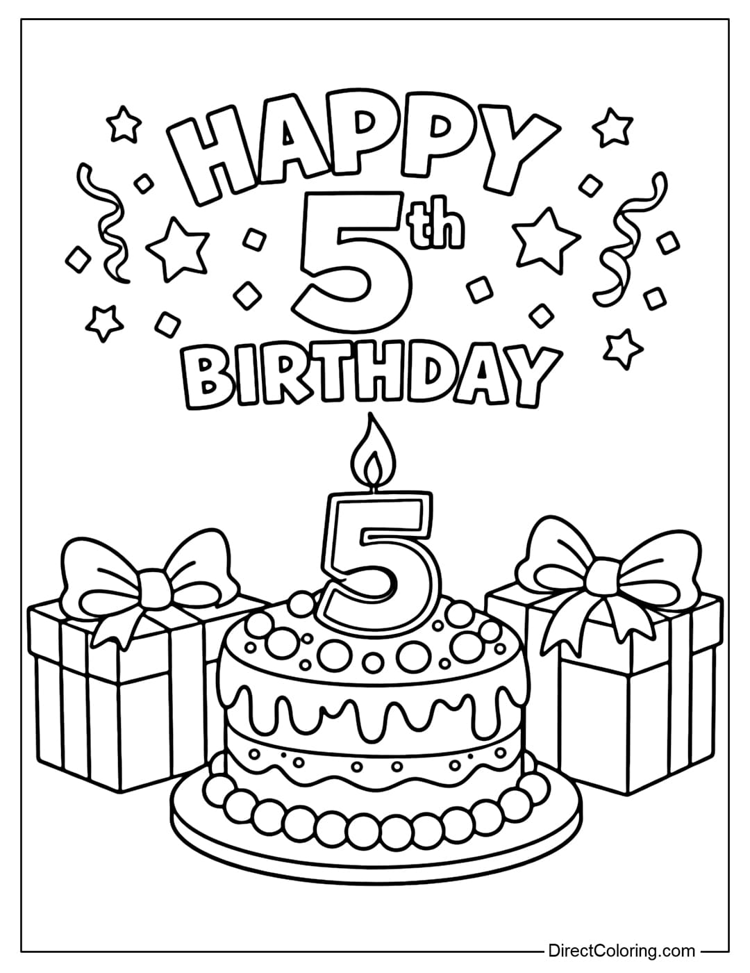A coloring page for a birthday cake with a 5th candle, two gift boxes on either side, and the words HAPPY 5th BIRTHDAY on top.