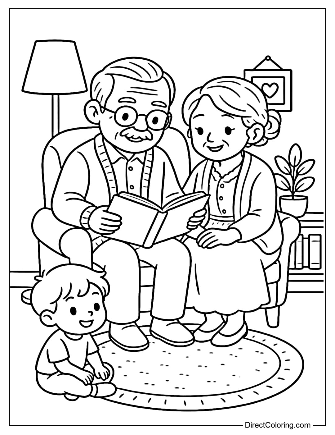 Coloring page of grandparents sitting on the armchair reading stories to their grandchildren, a warm living room scene.