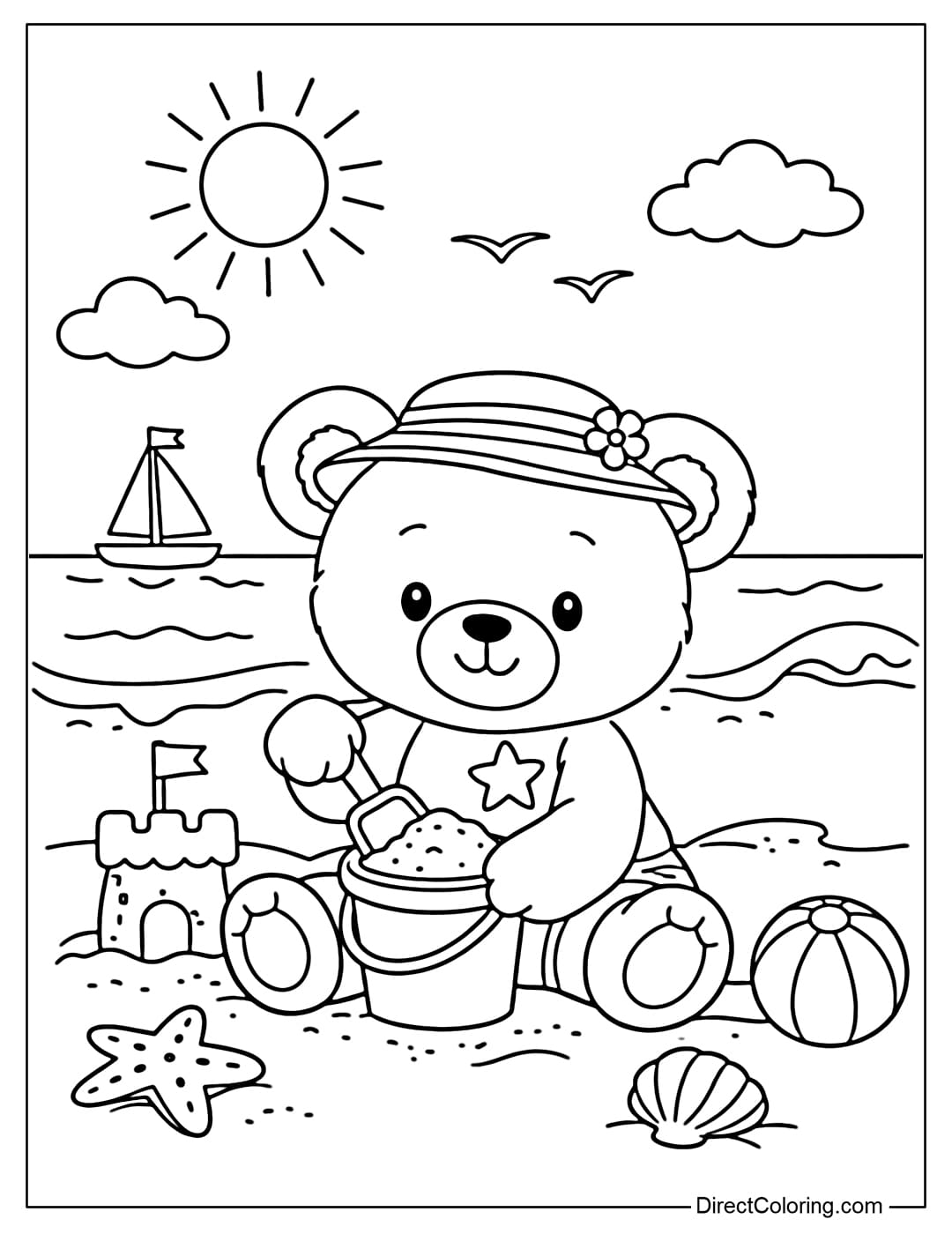 Coloring page of a teddy bear playing on the beach with a small bucket of sand.