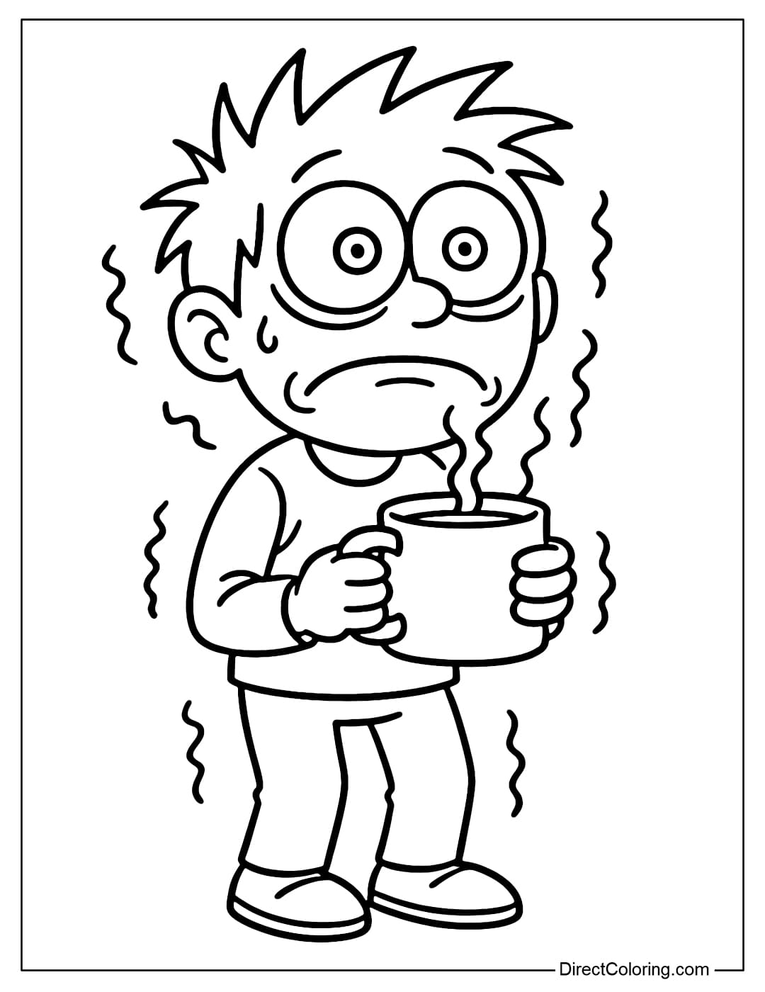 Coloring page of a character with wide open eyes, shakingly holding a cup of coffee, looking super awake