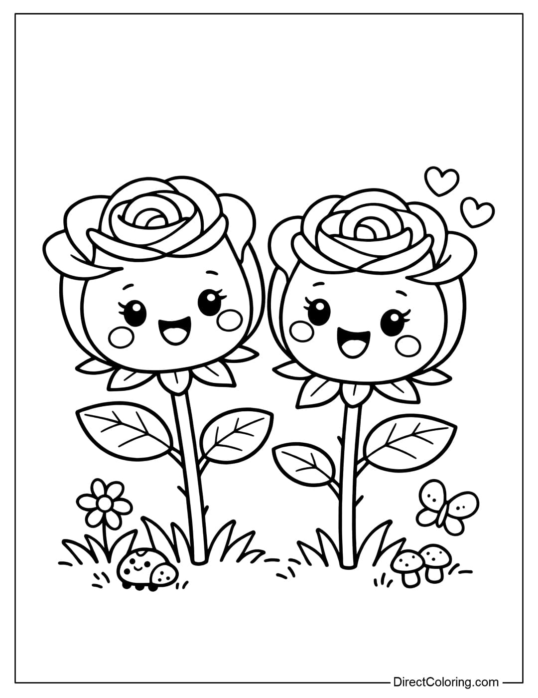 A coloring page of two cute roses standing next to each other, each with a smiling face.