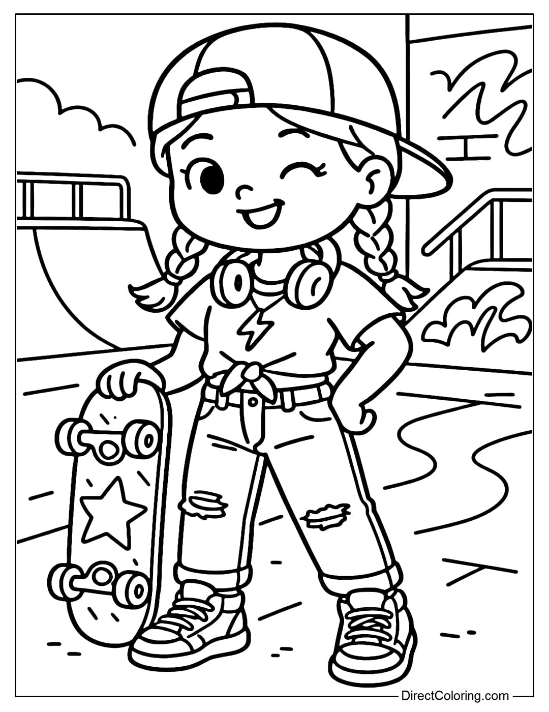 A coloring page of a girl with braided hair on both sides, wearing a personality-filled baseball cap, standing holding a skateboard with a star pattern.