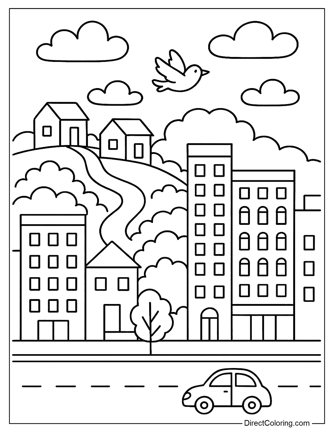 a cityscape with a lush green hill in the background coloring for kids