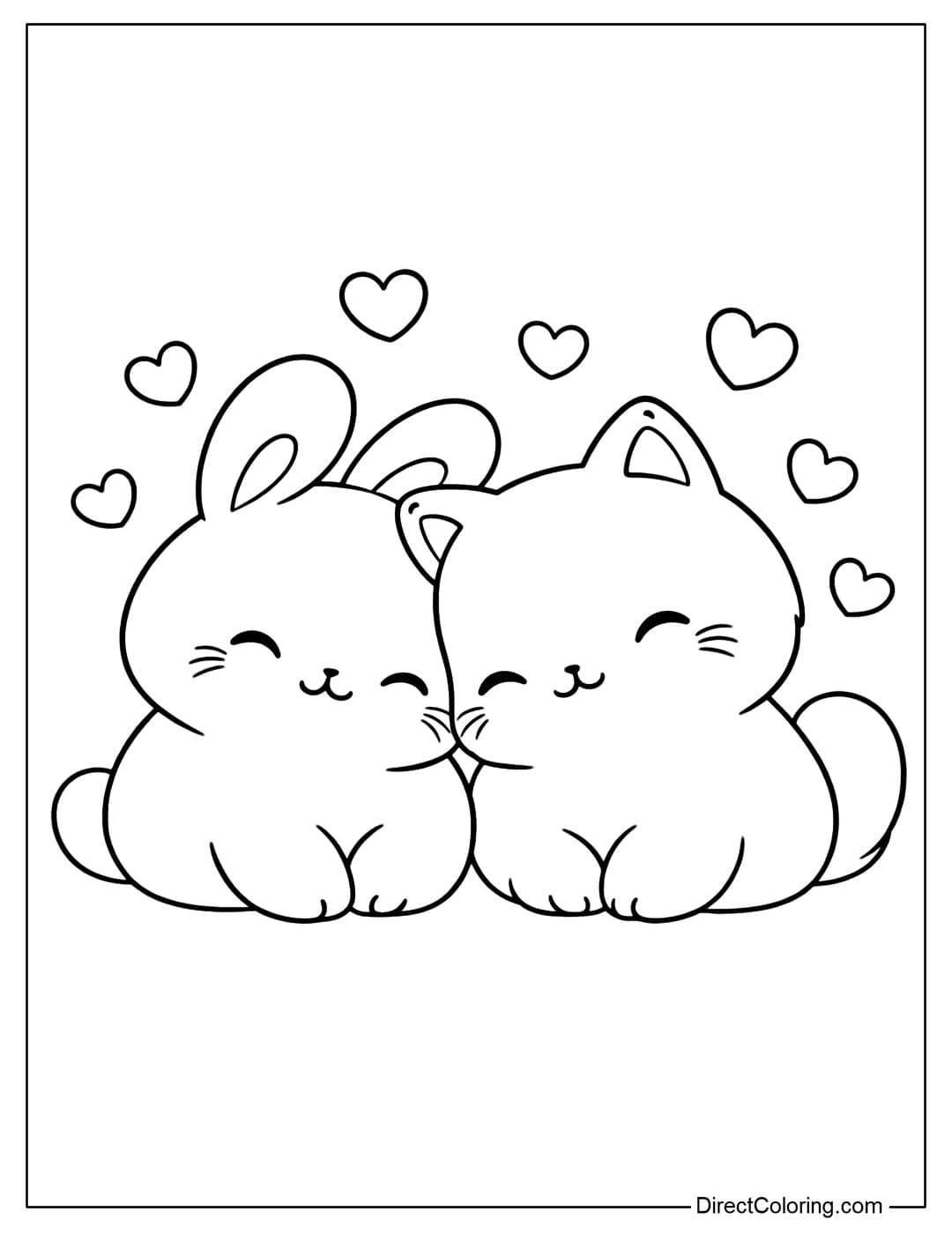 A coloring page featuring two cute animals, a rabbit and a cat, leaning their heads together, surrounded by hearts.