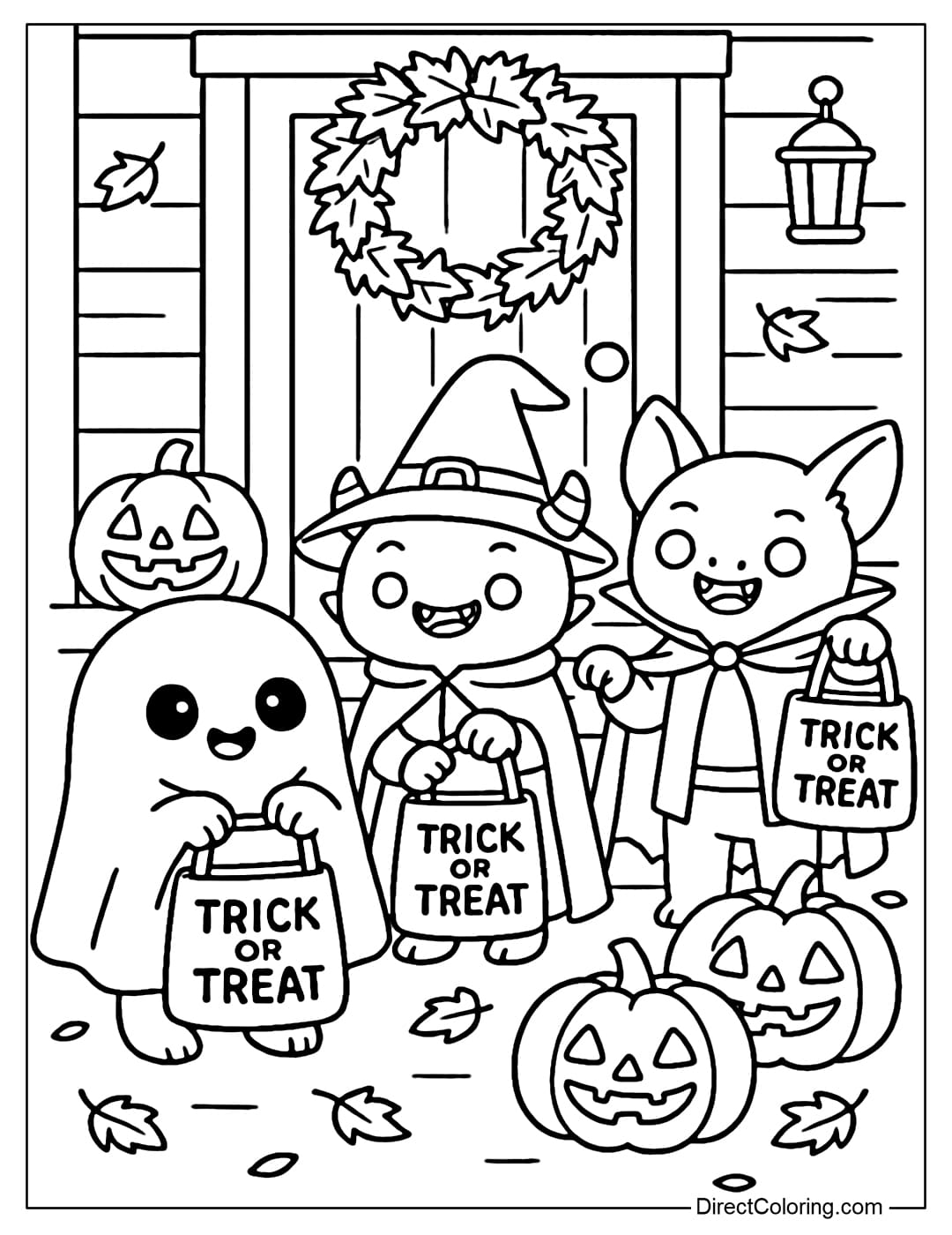 Coloring page of a group of three monsters in costumes (ghost, witch, vampire) holding a bag of candy 