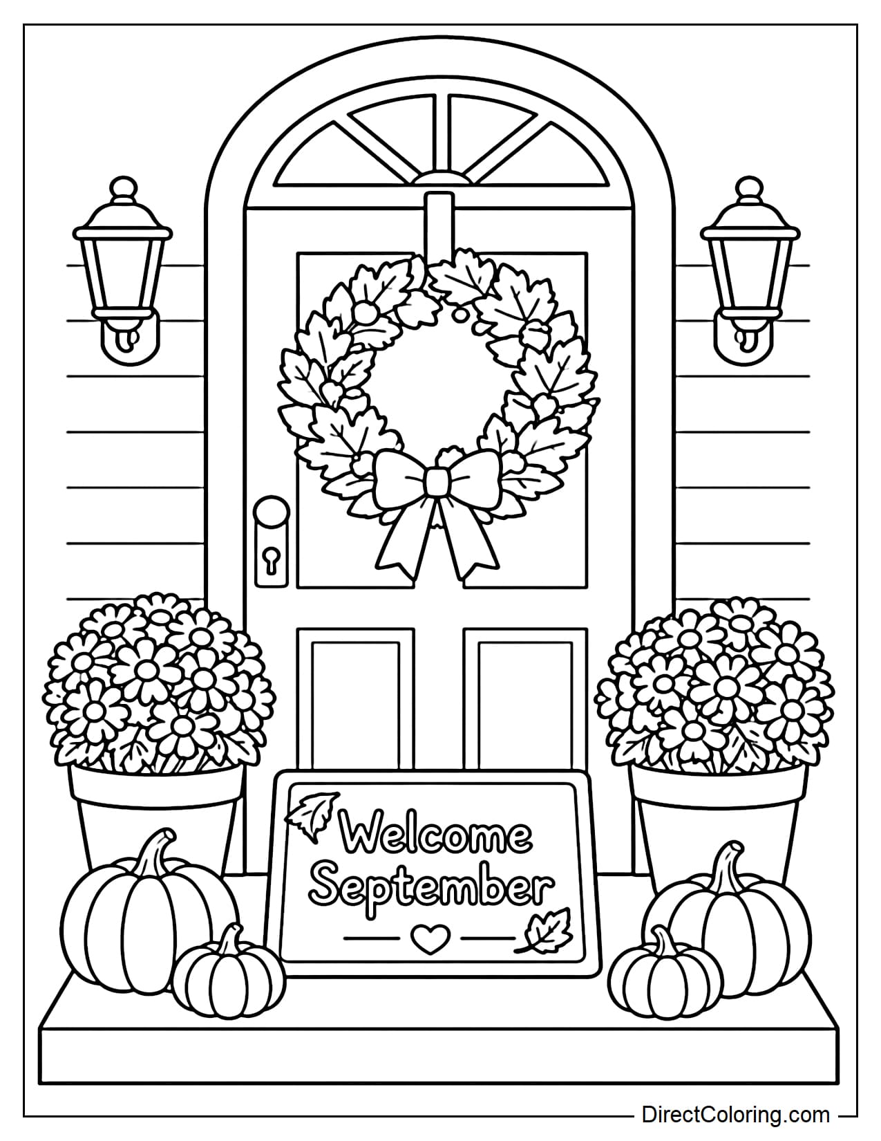 A house front door with an autumn wreath hanging above and a 