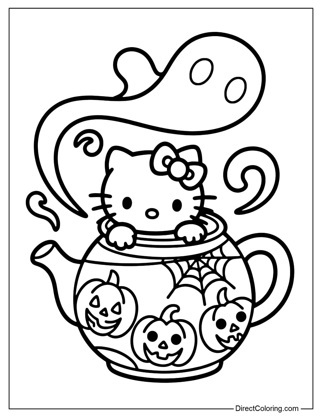 Hello Kitty coloring page crawling out of a spooky teapot, steam rising into a cute ghost.