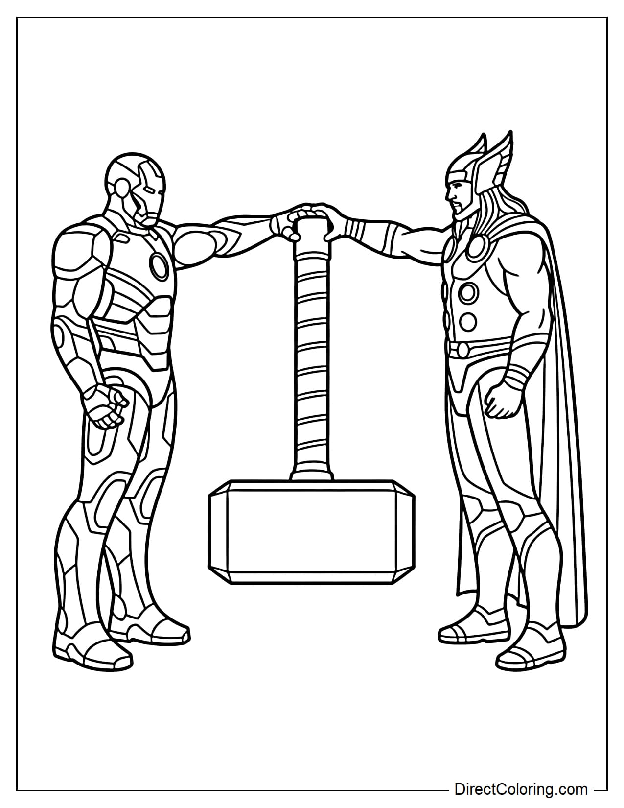 Iron Man stands next to Thor, both touching a large hammer.