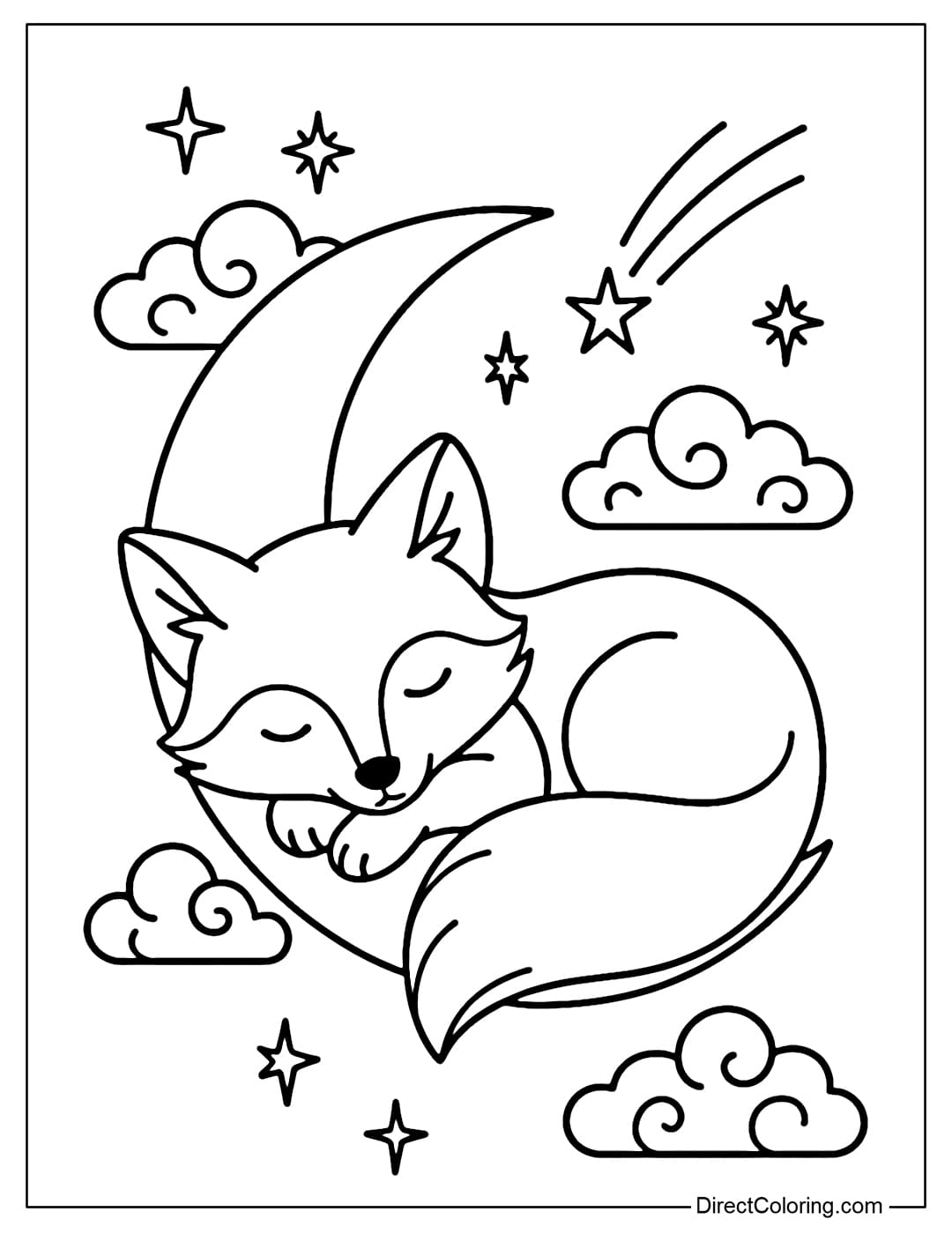 A little fox coloring page sleeping with its head on a crescent moon, surrounded by a few clouds and gently falling stars, a dreamy style.