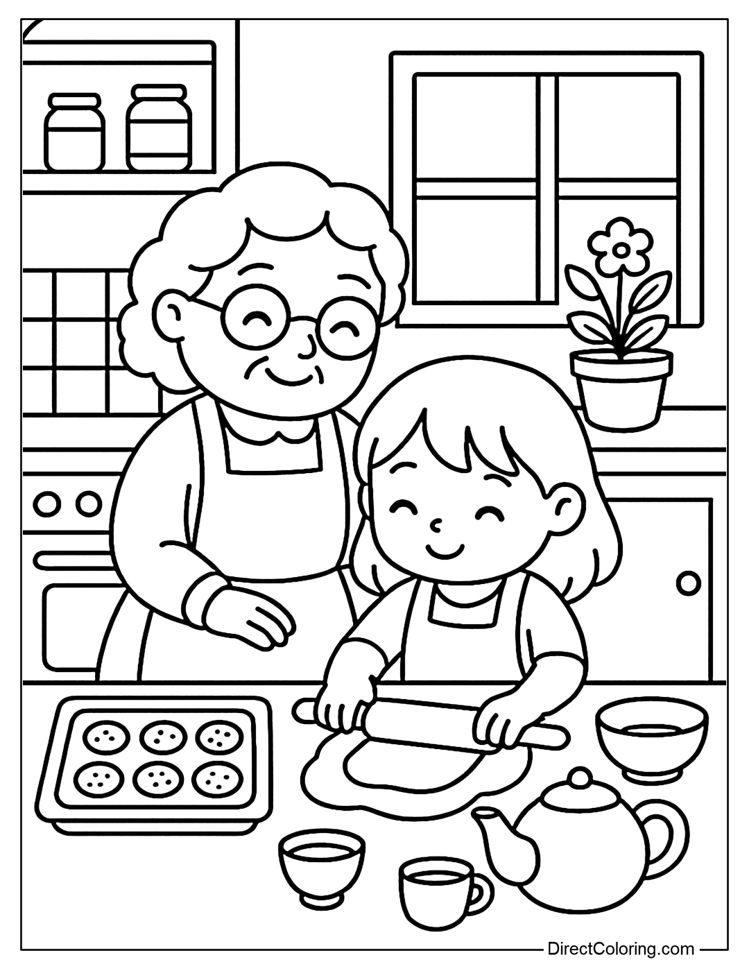 A coloring page of a little girl and her grandmother baking together in a small kitchen, with a baking tray, warm tea and a flower pot by the window.