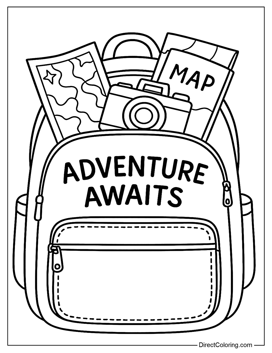 Backpack coloring page containing books, maps, camera, embroidered with the words 