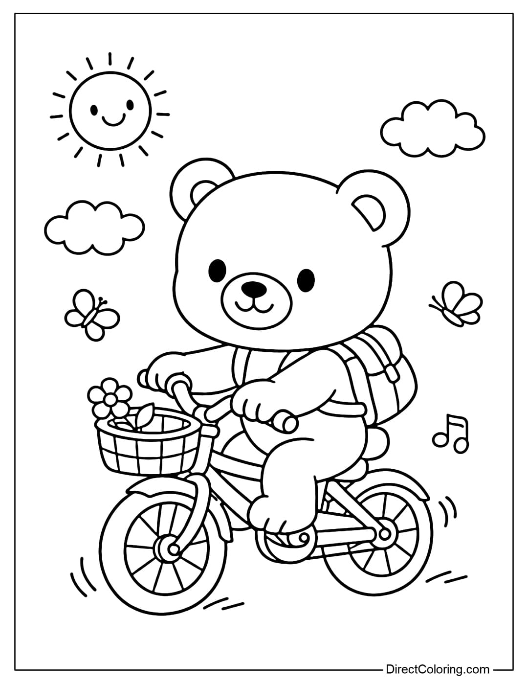 Coloring page of a cute teddy bear riding a bike.