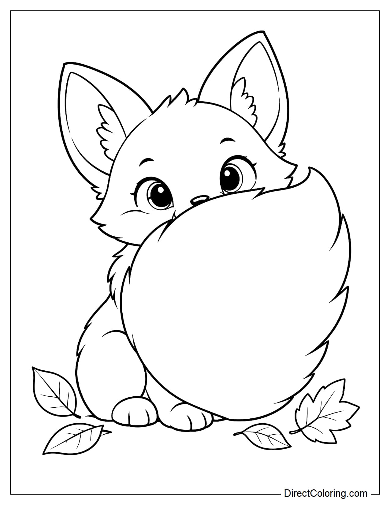A small fox sits with its enormous fluffy tail curled up in front, partially hiding its body and face, leaving only its curious eyes and two large ears visible above the tail.