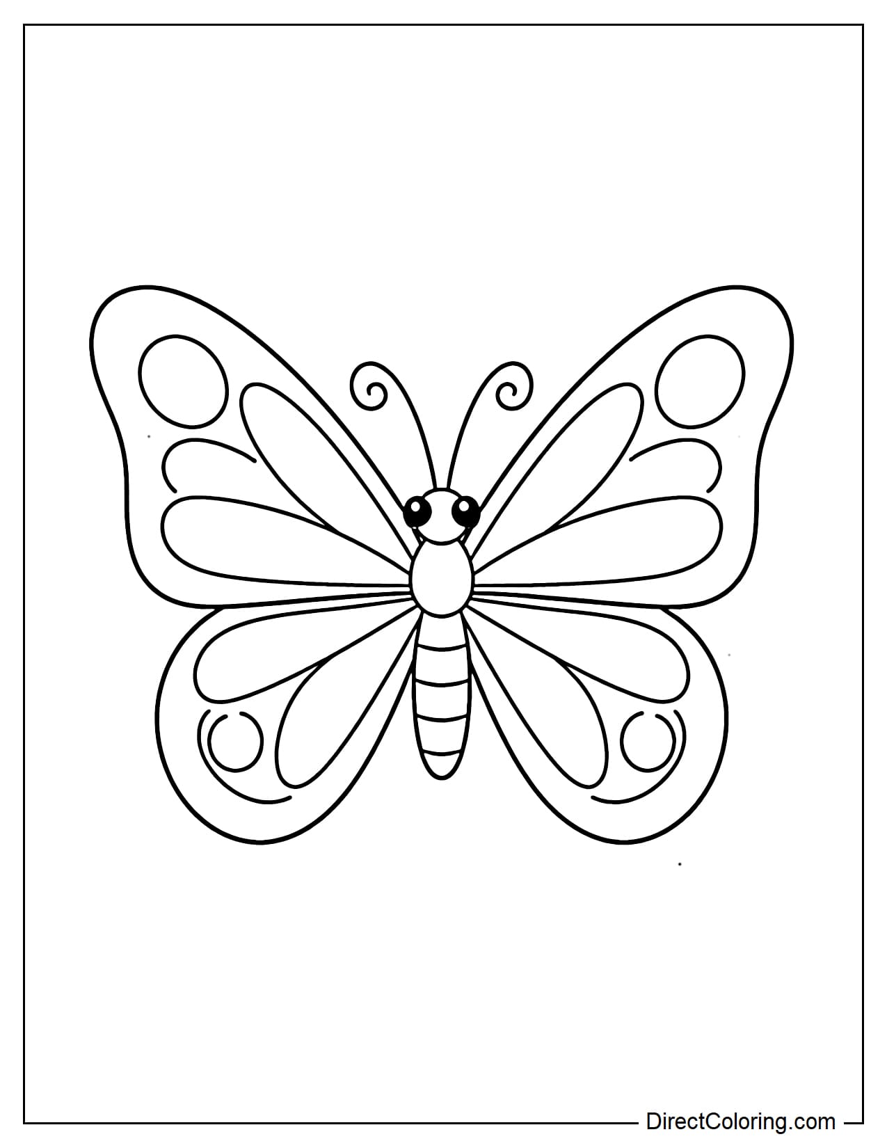 A simple large butterfly with twisted antennae, small eyes, and wings divided into large sections with circles and ovals.