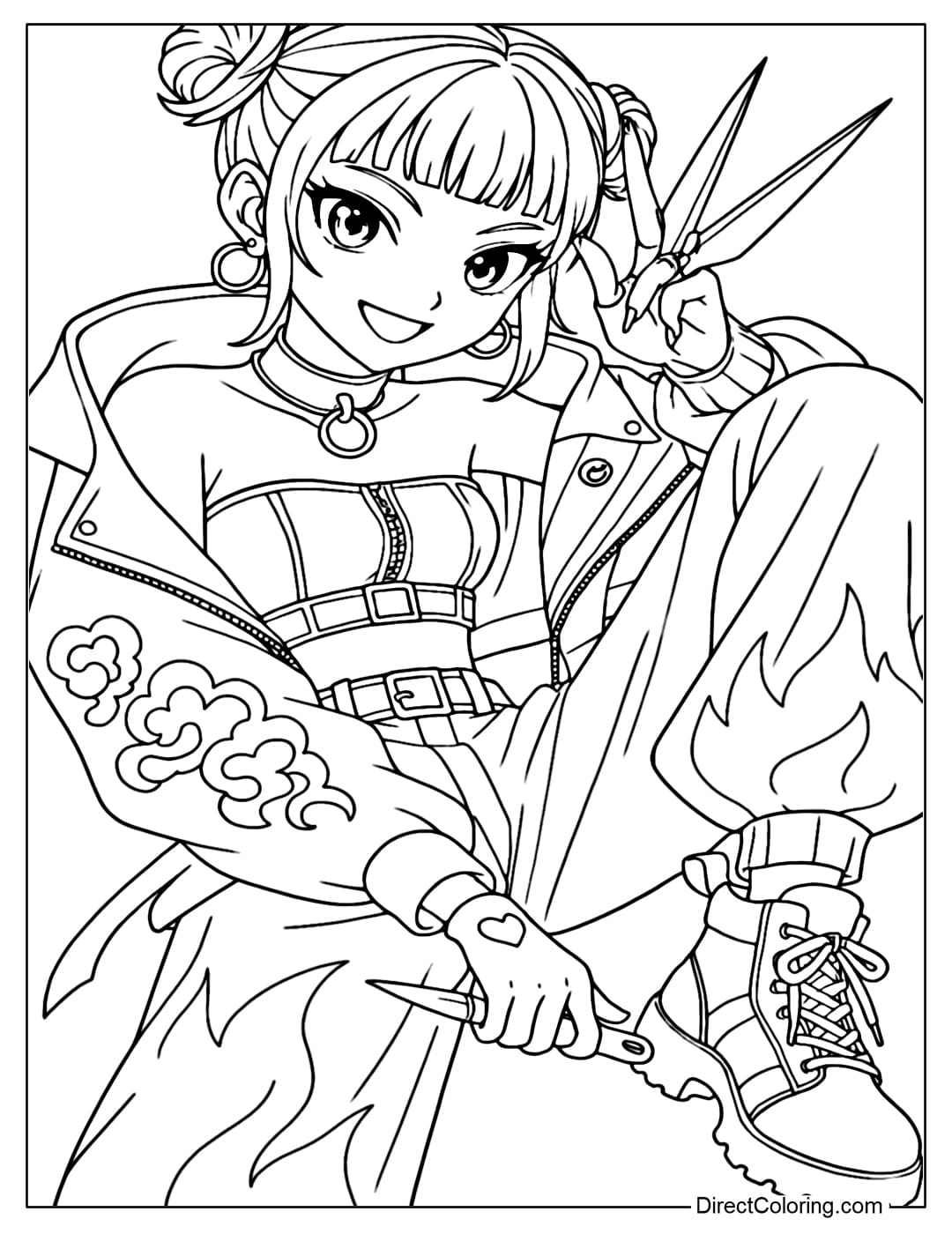 Zoey Kpop Demon Hunters coloring page in a dynamic street-pop style, with a double bun, crop top, loose jacket and patterned pants.