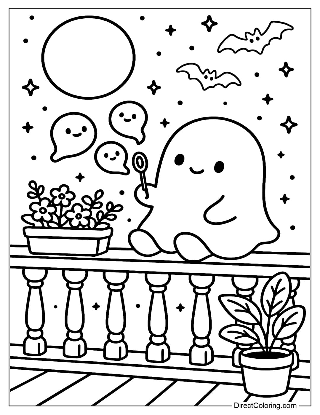 A moonlit balcony coloring page, a little ghost sitting on the railing blowing glowing ghost bubbles, a starry sky, and bats flying around.