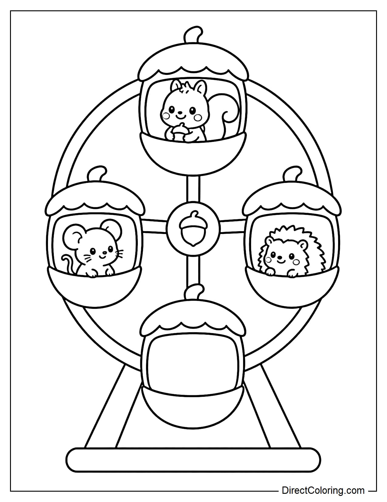 A small round Ferris wheel with four cabins shaped like large acorn caps, with a squirrel, a mouse, and a small hedgehog sitting in three of the cabins.