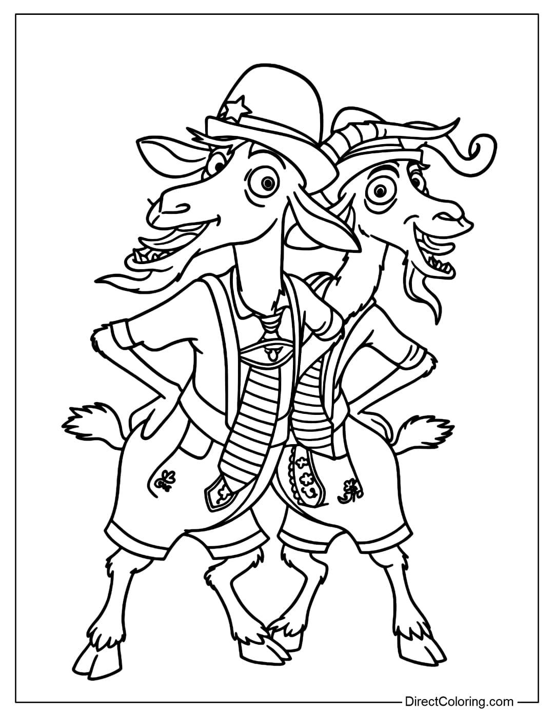 Coloring page of two mountain goat characters from the Zootopia world, with humorous appearances and unique fashion styles.