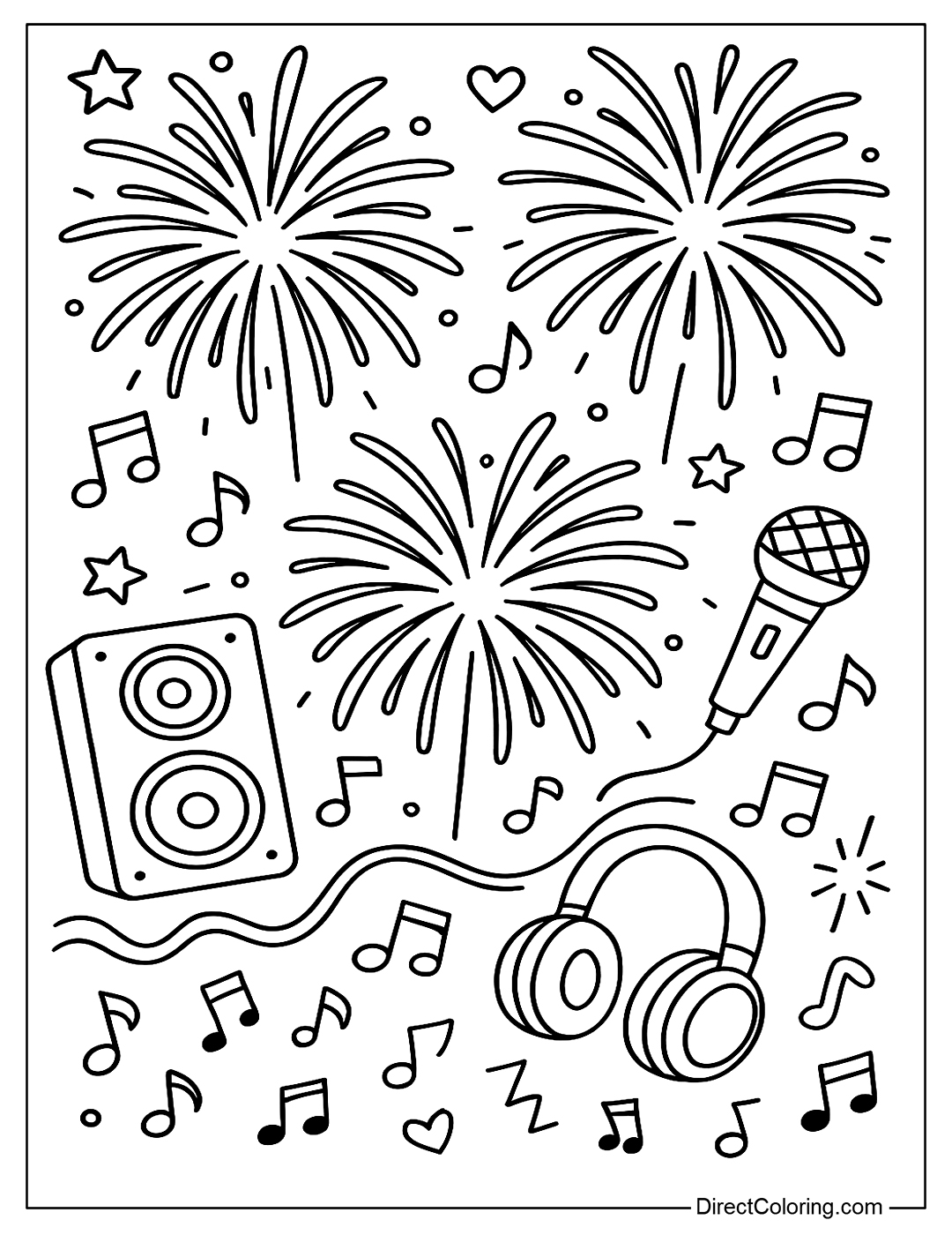 a coloring page of fireworks combined with speakers, music notes, headphones, microphones and sound waves to create a music festival feeling