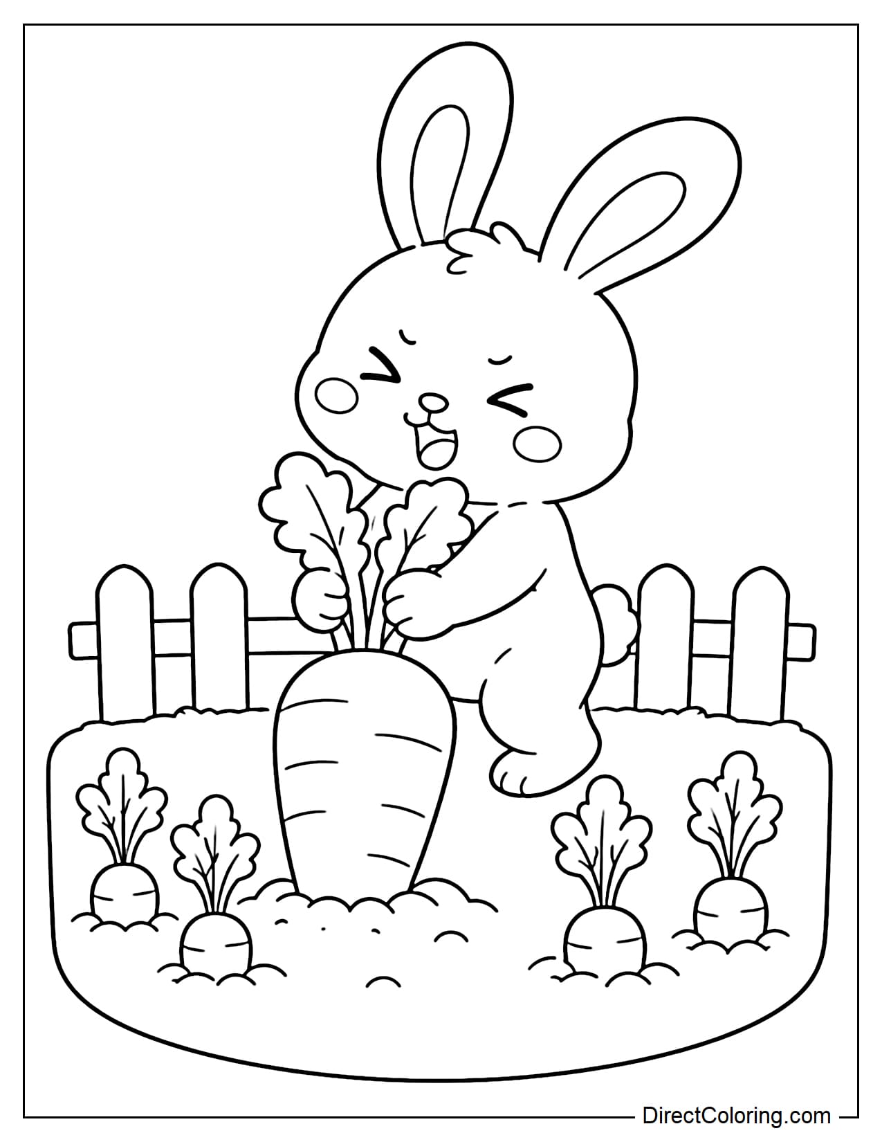 A cute rabbit stands in a carrot garden, gripping a giant carrot with both paws and pulling hard to lift it from the ground. A few smaller carrot plants grow in simple rows around it.
