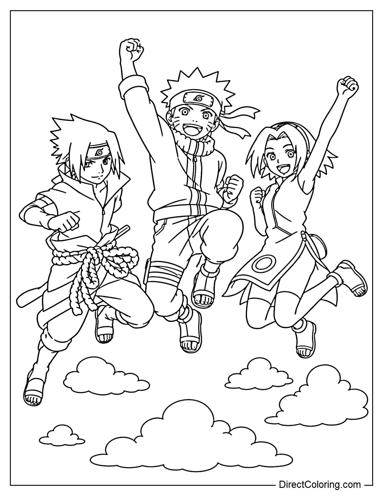 Naruto, Sasuke, and Sakura jump together playfully, each in a lively pose, with small clouds below.