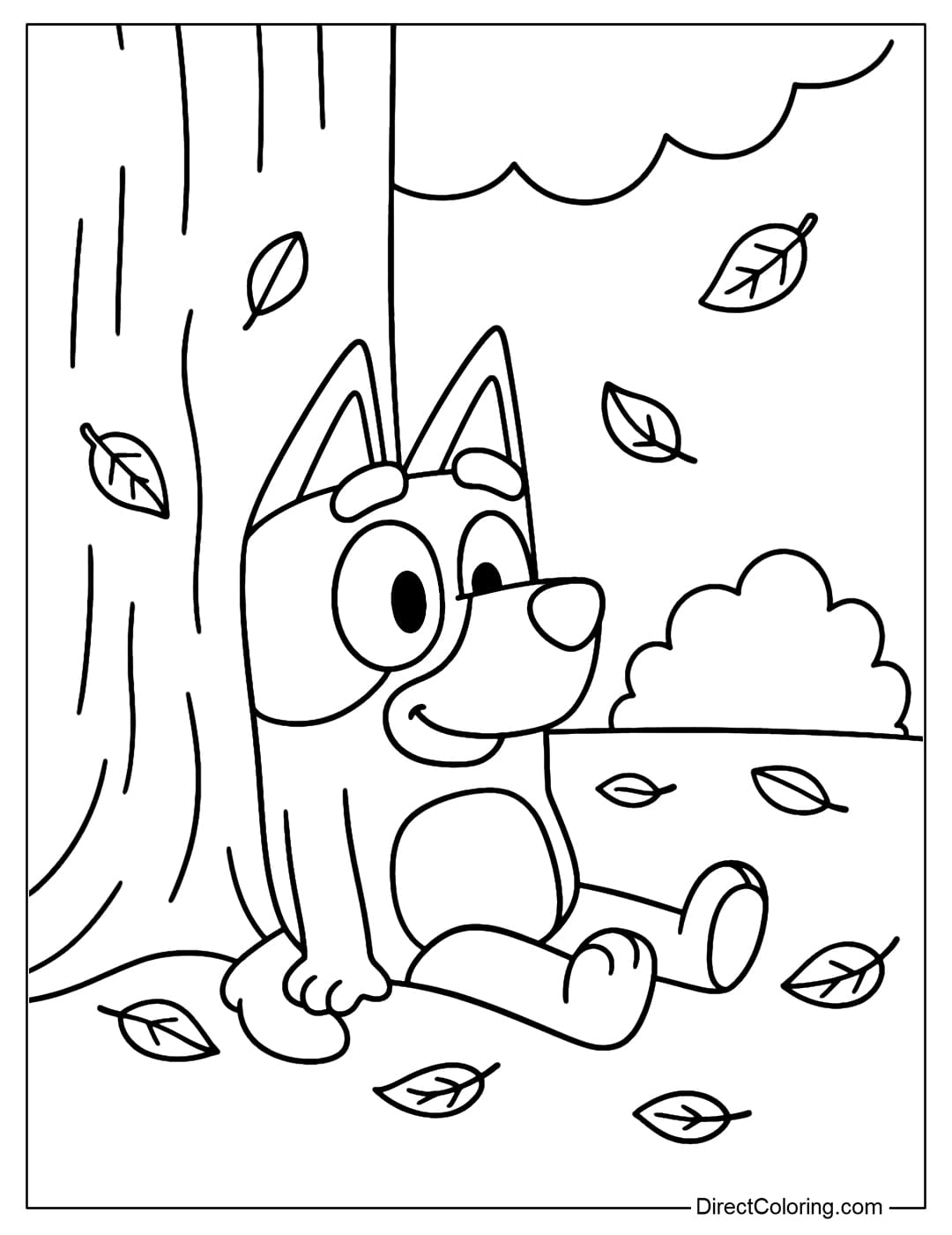 Bluey Coloring Page sitting against a large round tree, surrounded by fallen leaves, and in the distance are two clumps of bushes.