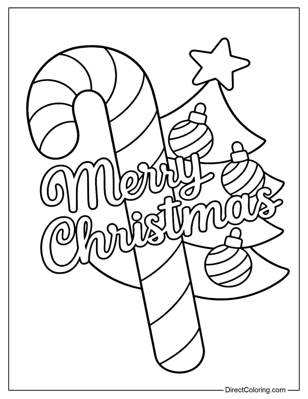 A large candy cane coloring page, placed in front of a Christmas tree, with the words Merry Christmas in the middle.