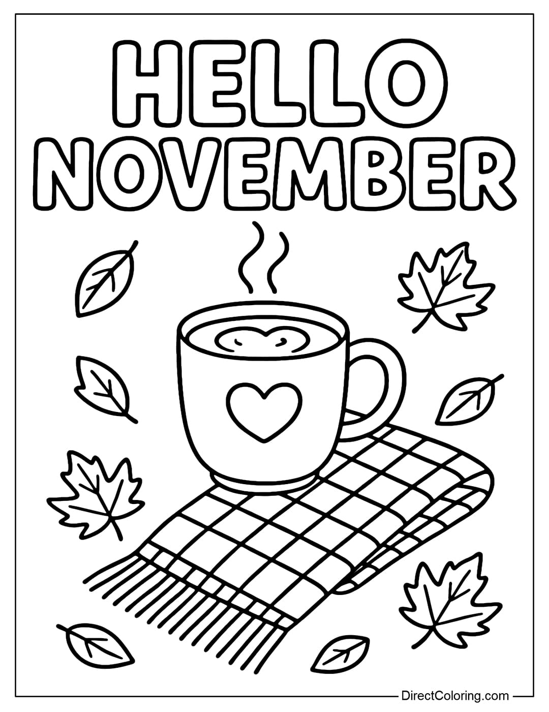 The word Hello November is colored, below the word is a heart-shaped cup of hot cocoa, next to it is a plaid scarf.