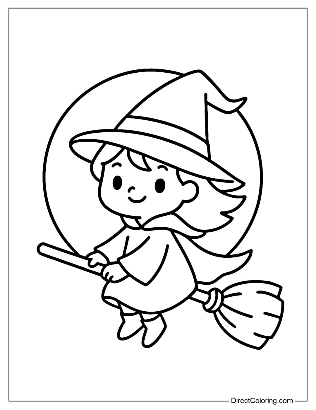 A coloring page of a witch flying across a full moon on a broomstick, her pointed hat fluttering, her cloak fluttering.