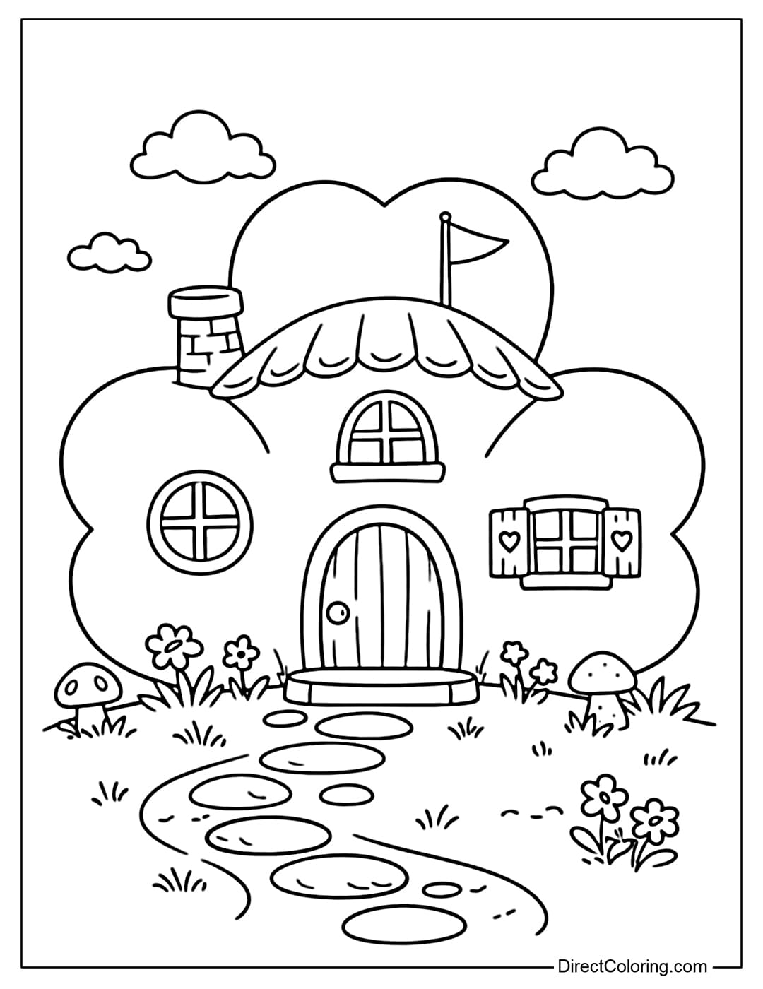 A coloring page of a shamrock-shaped house with simple windows and a roof.