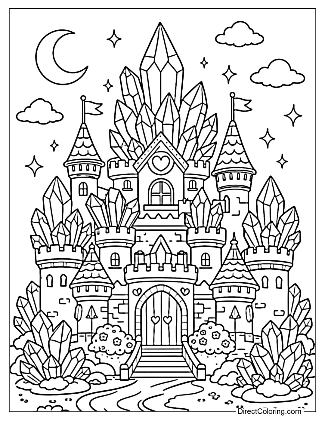 A coloring page of a fantasy castle with towers resembling sparkling crystals.