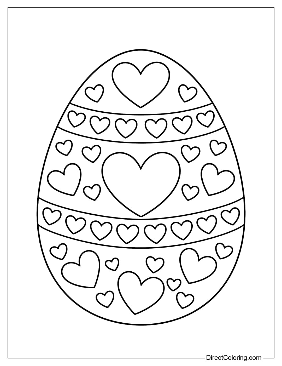 An Easter egg coloring page entirely decorated with alternating large and small hearts.