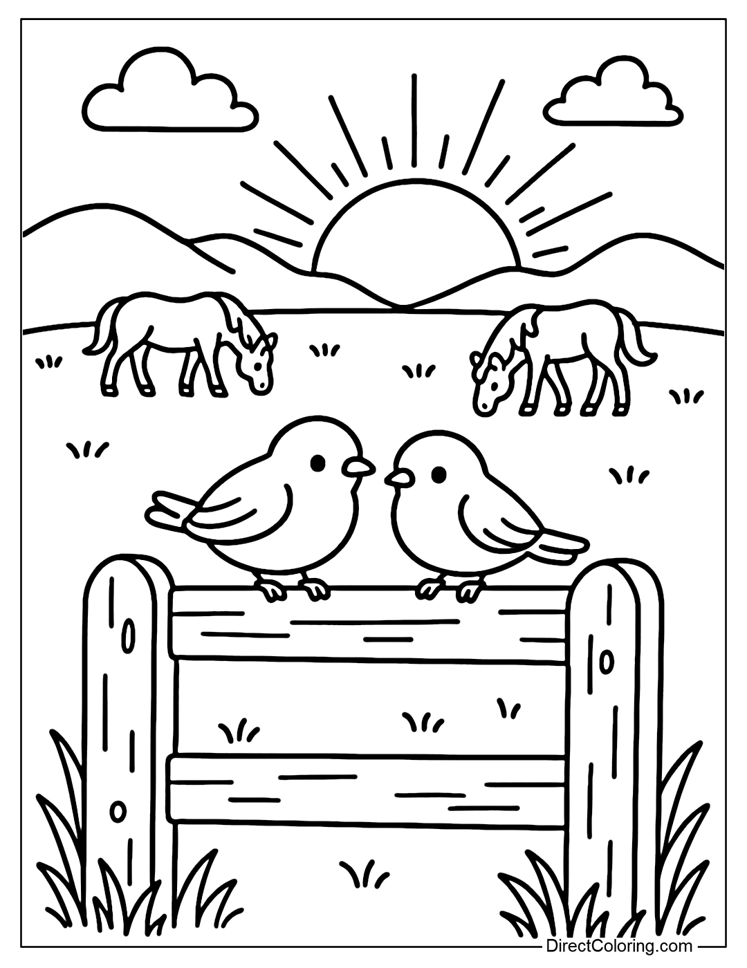 A fence coloring page on the edge of a field under the golden sunset, a pair of sparrows perched on the wooden bars, a herd of horses leisurely in the distance.