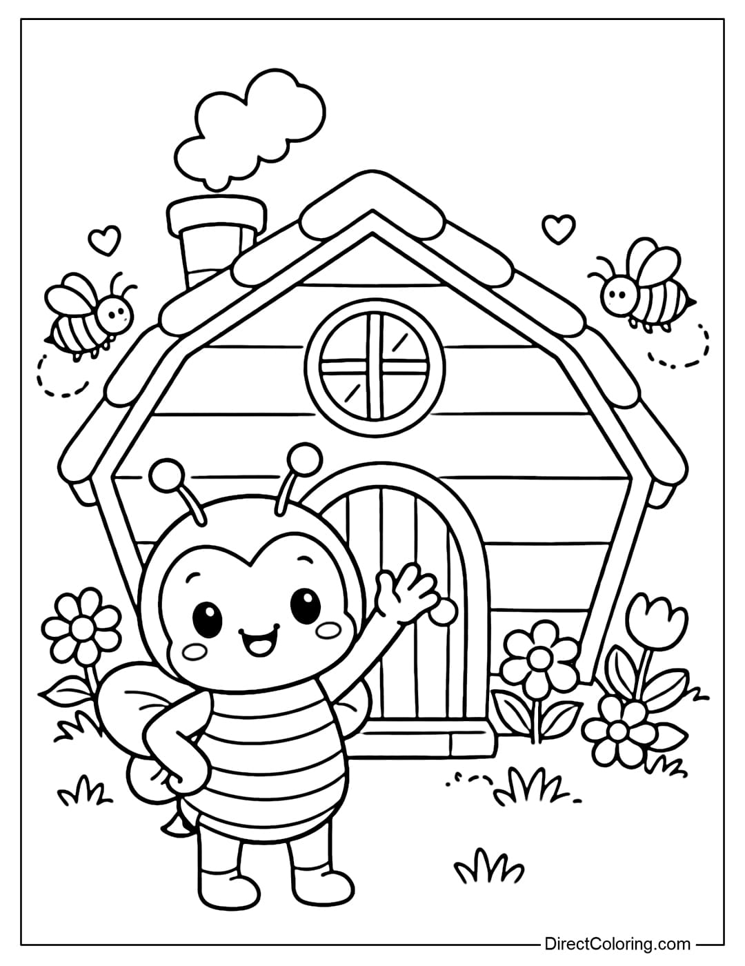 A coloring page featuring a cute bee standing in front of a hexagonal honeycomb cottage, like a charming little house.