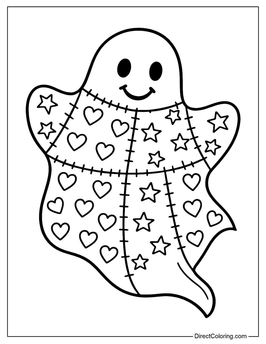 Cute ghost coloring page flying, ghost scarf covered in patchwork with many patches, with star and heart pattern.