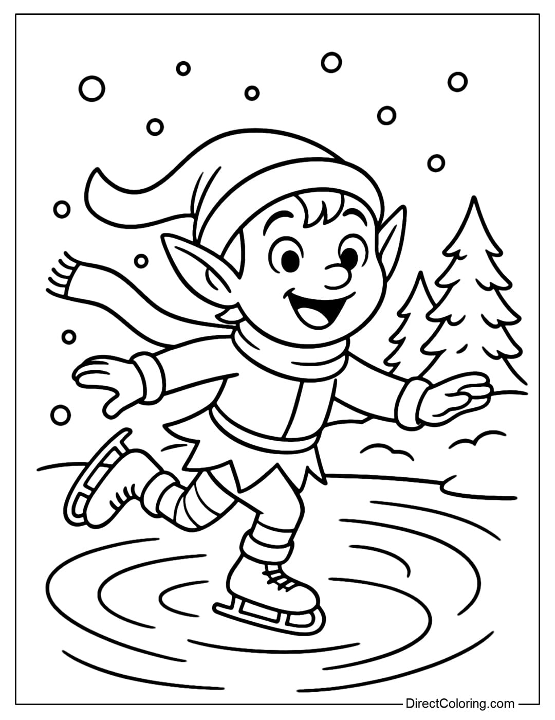 A coloring page of an elf skating on a frozen lake, a scarf fluttering in the wind, and light snow falling.
