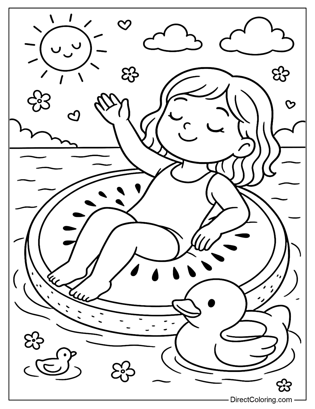 Coloring page of a child relaxing on a kiwi float, arms raised slightly in the air.