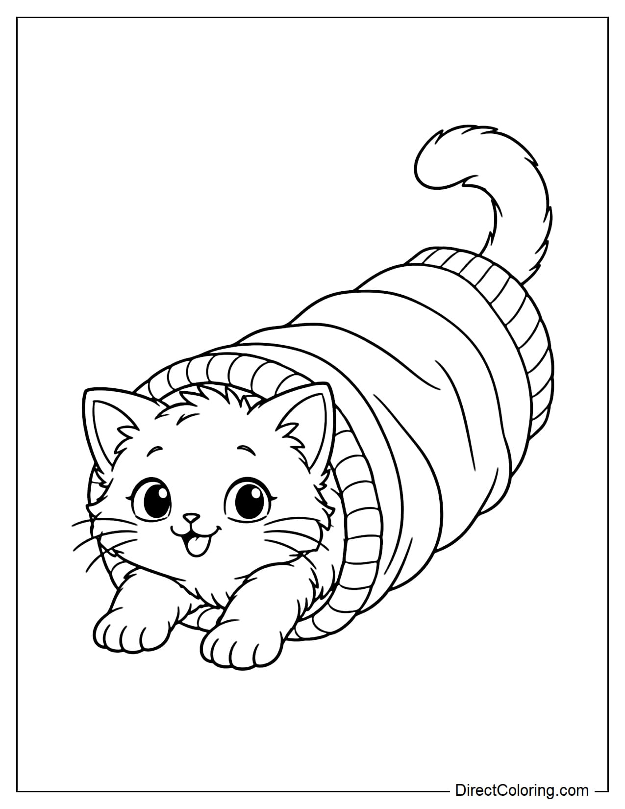 A curious kitten crawls through a large sweater sleeve, with its head and front paws peeking out one end and its curved tail sticking out the other.