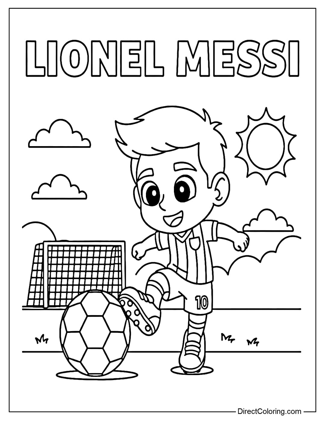 Coloring page of a miniature Lionel Messi, posing as if preparing to shoot a ball.