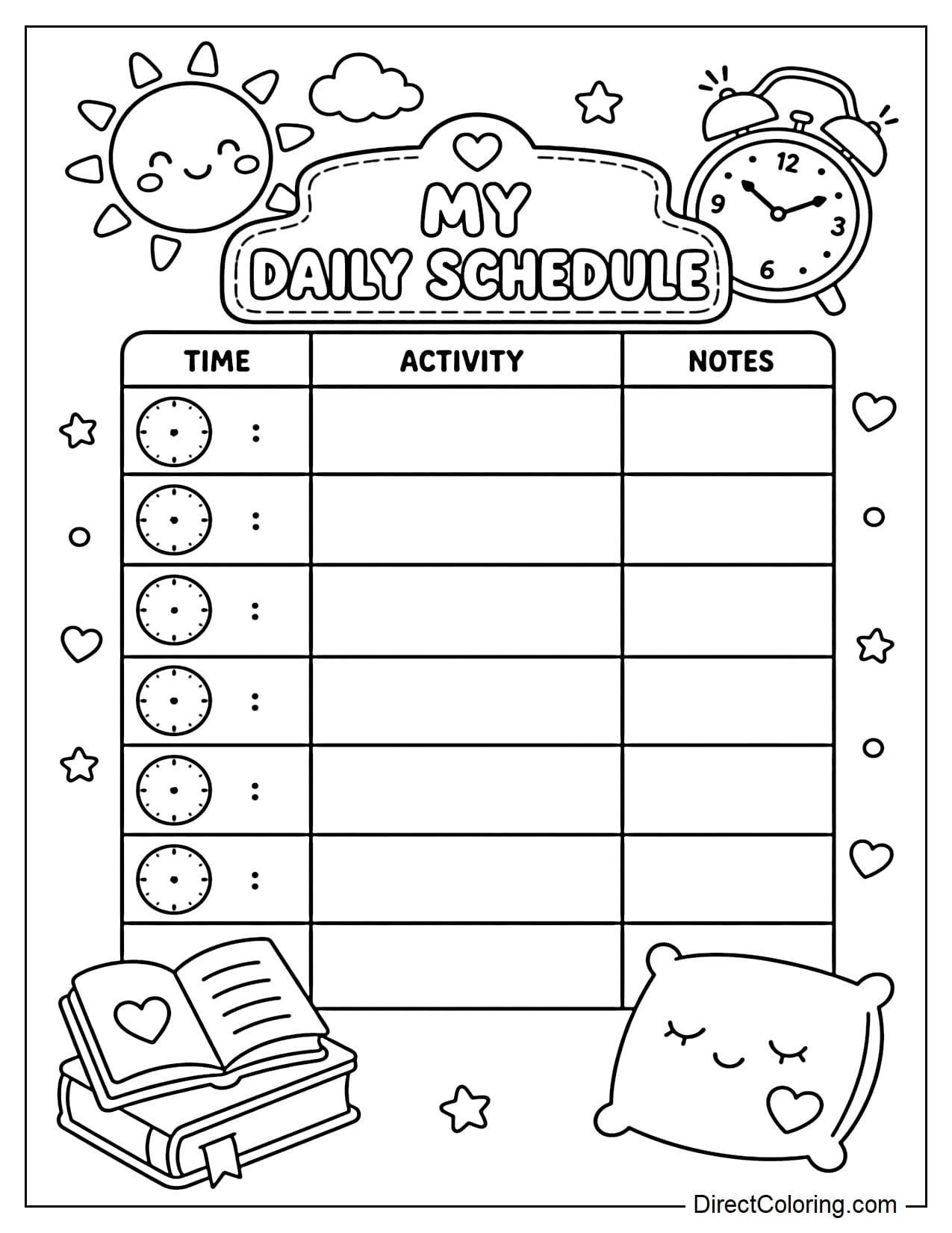 A daily schedule with sun, alarm clock, book, and small pillow symbols arranged around a planner.